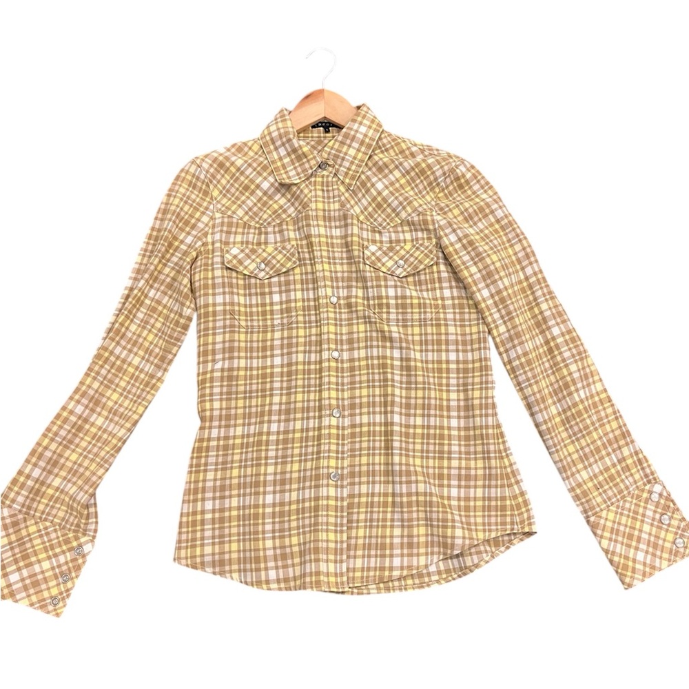 Theory Western Pearl Snap Shirt Small Yellow Brown Plaid